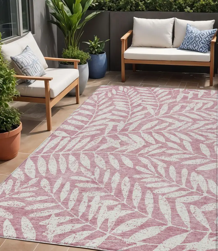 Blush And Ivory Floral Washable Indoor Outdoor Area Rug Photo 1