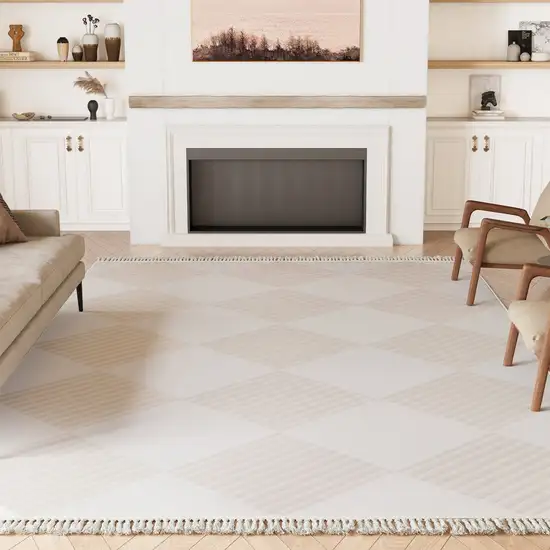 Blush And Ivory Geometric Washable Area Rug With Fringe Photo 7