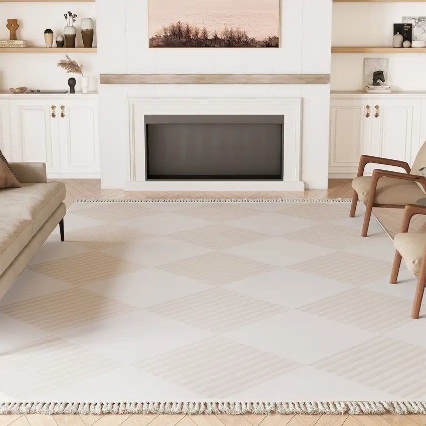 Blush And Ivory Geometric Washable Area Rug With Fringe Photo 7