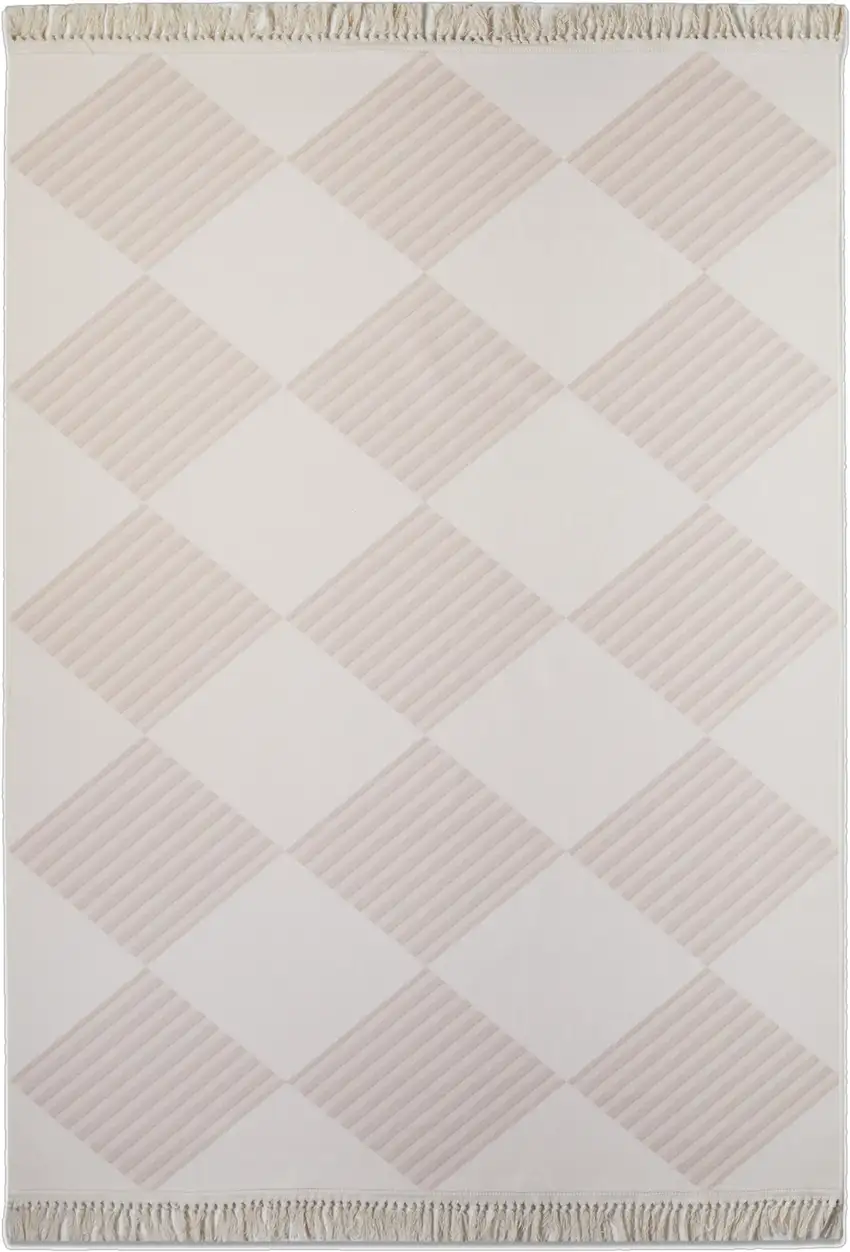 Blush And Ivory Geometric Washable Area Rug With Fringe Photo 2