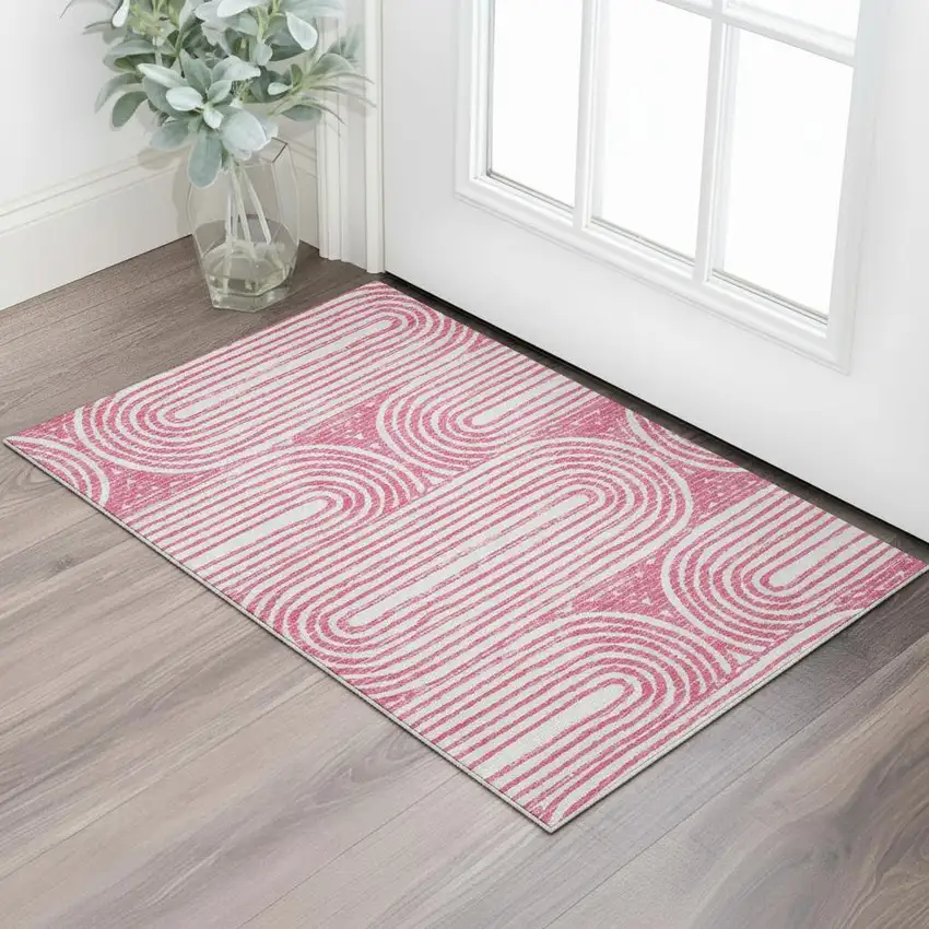 Blush And Ivory Geometric Washable Area Rug With UV Protection Photo 1