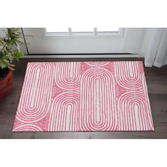 Blush And Ivory Geometric Washable Area Rug With UV Protection Photo 2