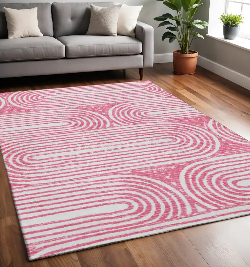 Blush And Ivory Geometric Washable Area Rug With UV Protection Photo 2