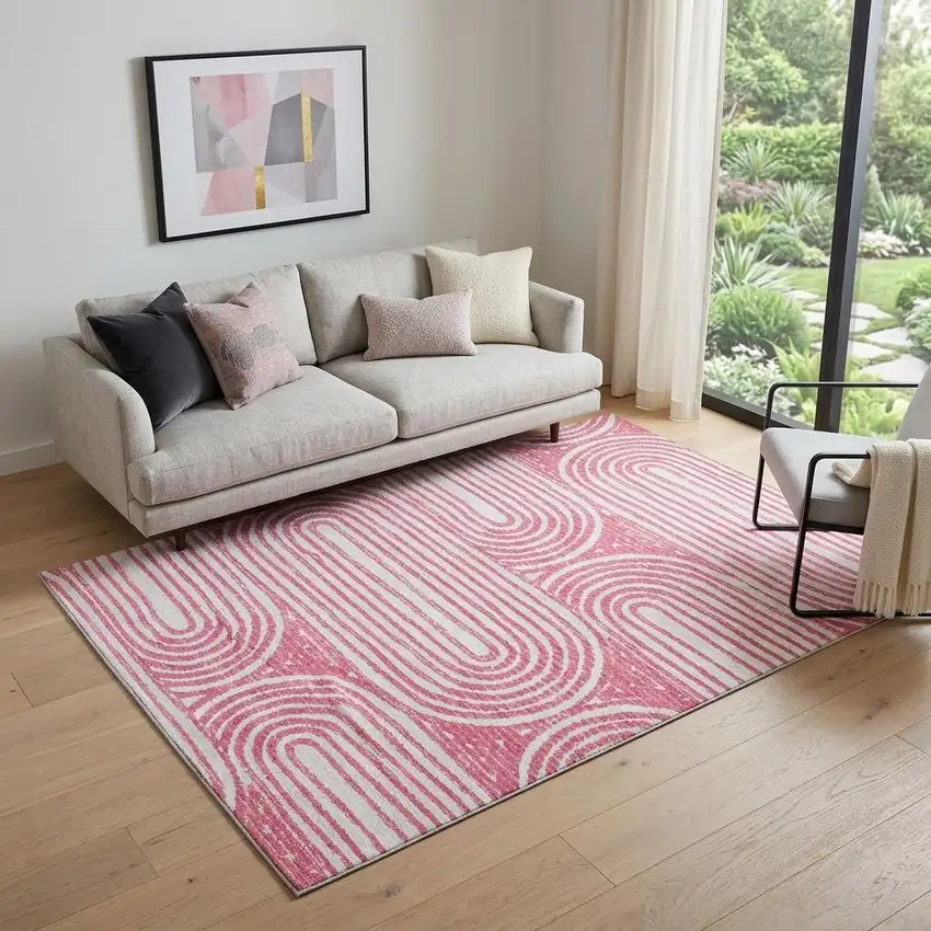 Blush And Ivory Geometric Distressed Washable Area Rug With UV Protection Photo 1