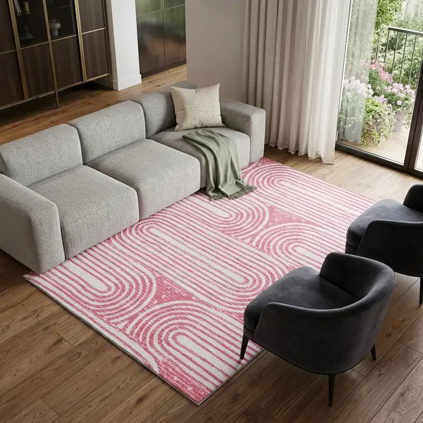 Blush And Ivory Geometric Distressed Washable Area Rug With UV Protection Photo 1