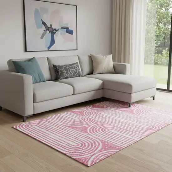 Blush And Ivory Geometric Washable Area Rug With UV Protection Photo 2