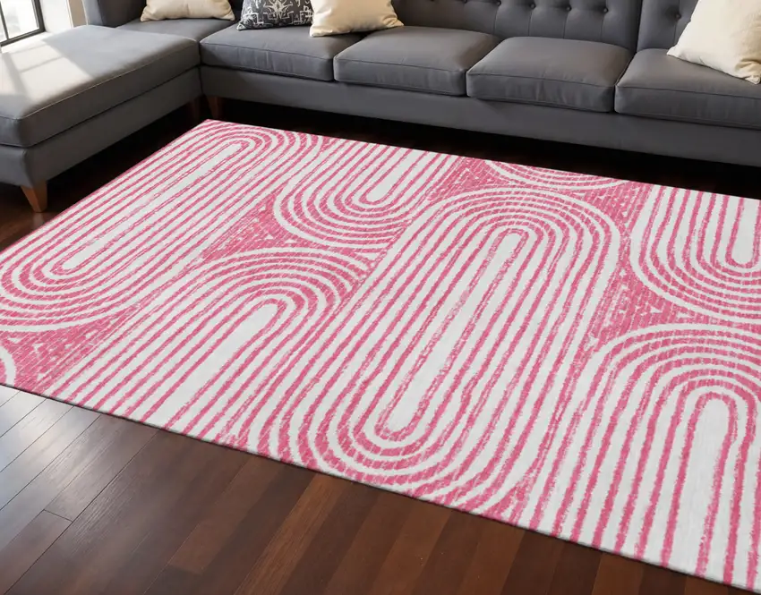 Blush And Ivory Geometric Washable Area Rug With UV Protection Photo 2