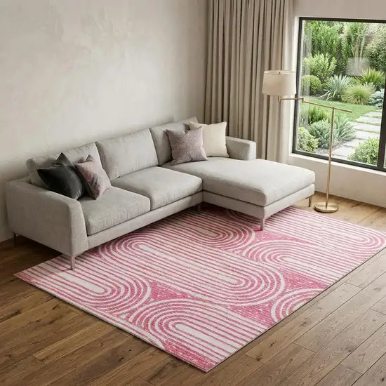 Blush And Ivory Geometric Distressed Washable Area Rug With UV Protection Photo 1