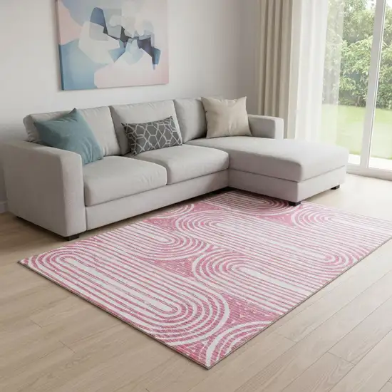 Blush And Ivory Geometric Washable Area Rug With UV Protection Photo 1
