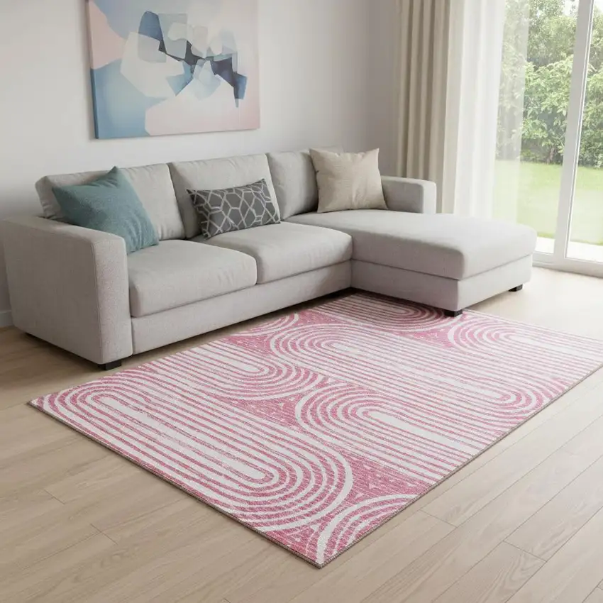 Blush And Ivory Geometric Washable Area Rug With UV Protection Photo 1