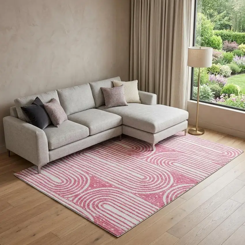 Blush And Ivory Geometric Distressed Washable Area Rug With UV Protection Photo 1