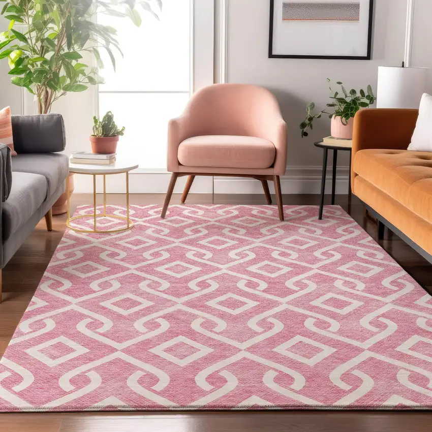 Blush And Ivory Geometric Washable Area Rug With UV Protection Photo 4