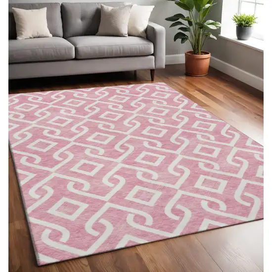 Blush And Ivory Geometric Washable Area Rug With UV Protection Photo 2