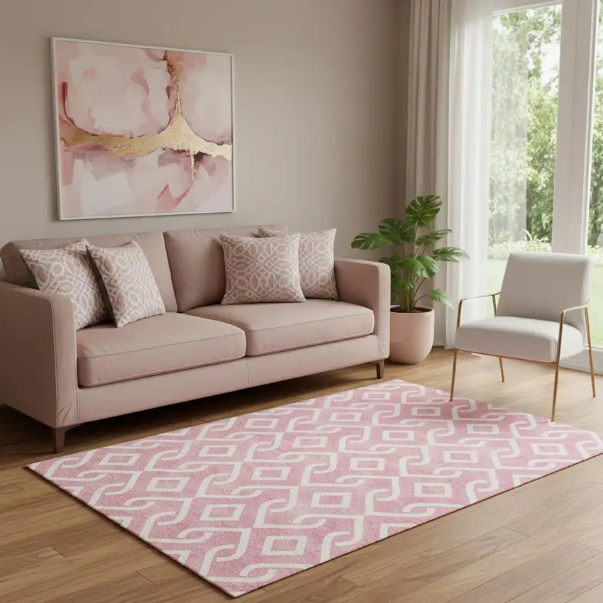 Blush And Ivory Geometric Washable Area Rug With UV Protection Photo 1