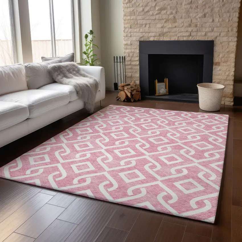 Blush And Ivory Geometric Washable Area Rug With UV Protection Photo 4