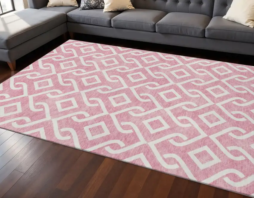 Blush And Ivory Geometric Washable Area Rug With UV Protection Photo 2