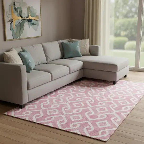 Blush And Ivory Geometric Washable Area Rug With UV Protection Photo 1