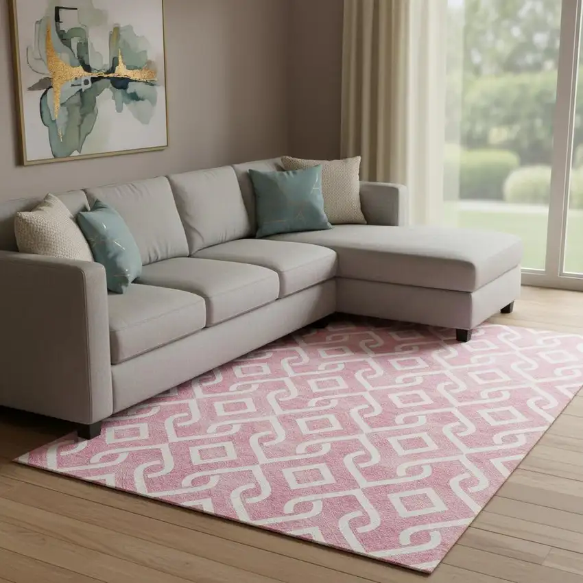 Blush And Ivory Geometric Washable Area Rug With UV Protection Photo 1