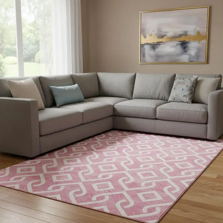 Blush And Ivory Geometric Washable Area Rug With UV Protection Photo 1