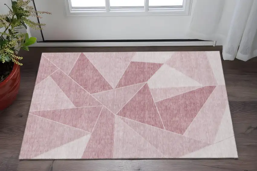 Blush And Ivory Geometric Washable Area Rug With UV Protection Photo 2