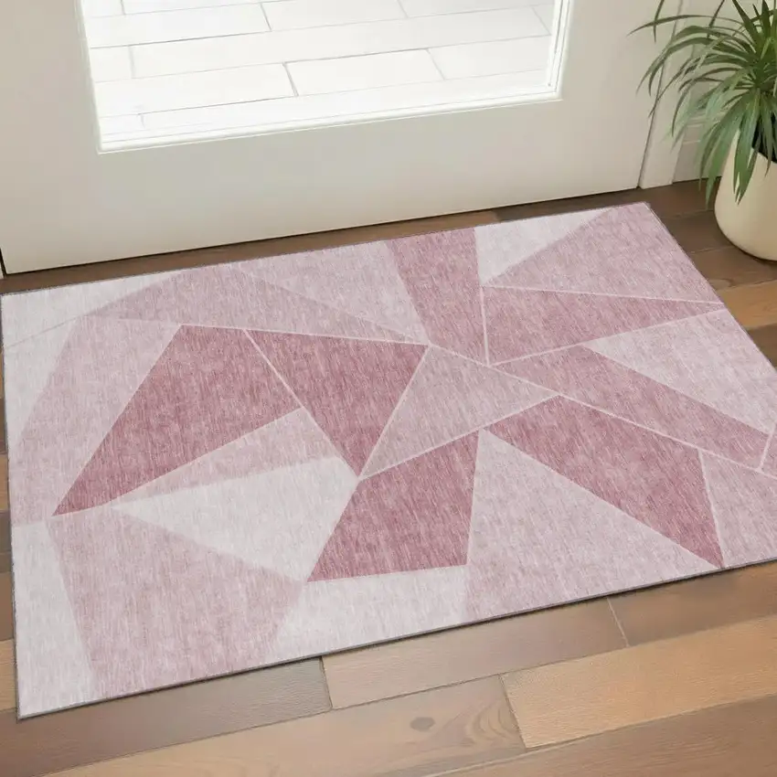 Blush And Ivory Geometric Washable Area Rug With UV Protection Photo 1
