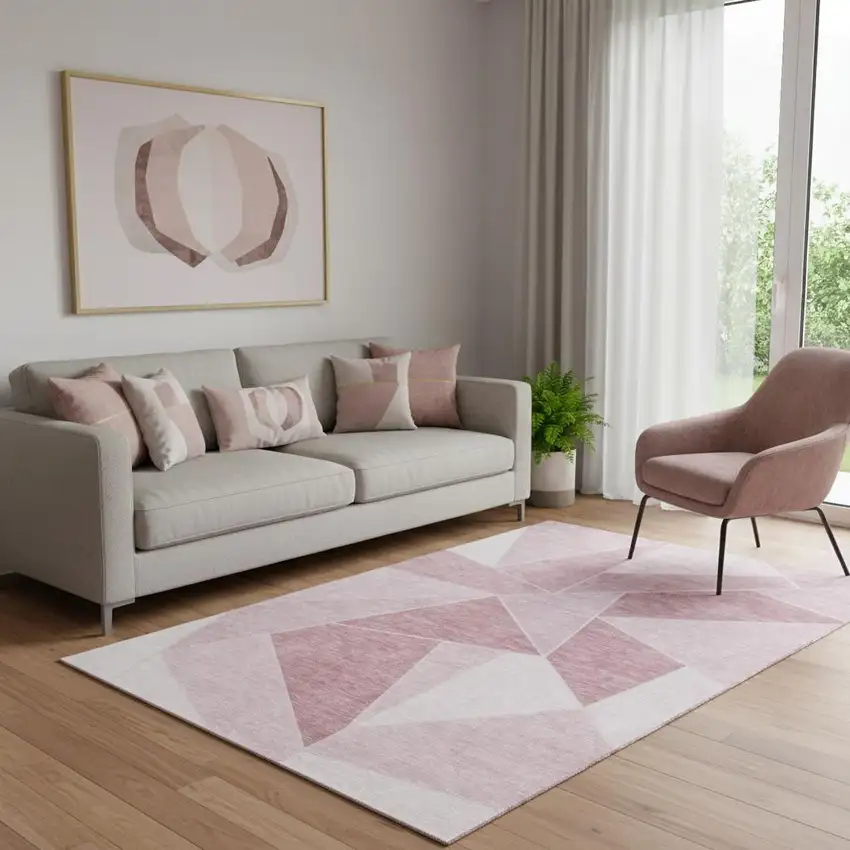 Blush And Ivory Geometric Washable Area Rug With UV Protection Photo 1