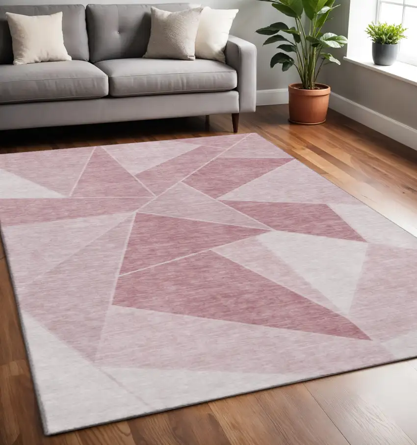 Blush And Ivory Geometric Washable Area Rug With UV Protection Photo 2