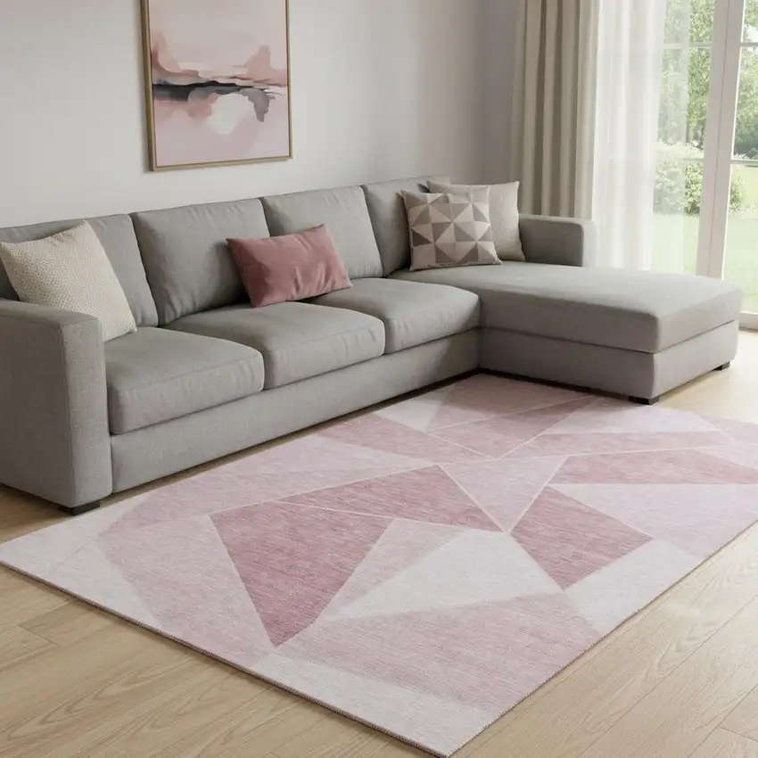 Blush And Ivory Geometric Washable Area Rug With UV Protection Photo 1