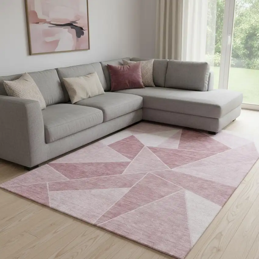 Blush And Ivory Geometric Washable Area Rug With UV Protection Photo 1