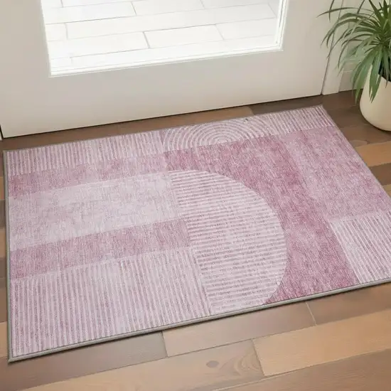 Blush And Ivory Geometric Washable Area Rug With UV Protection Photo 2