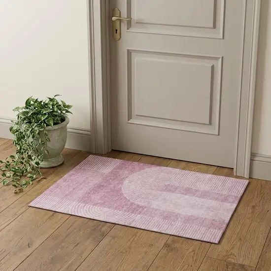 Blush And Ivory Geometric Washable Area Rug With UV Protection Photo 1