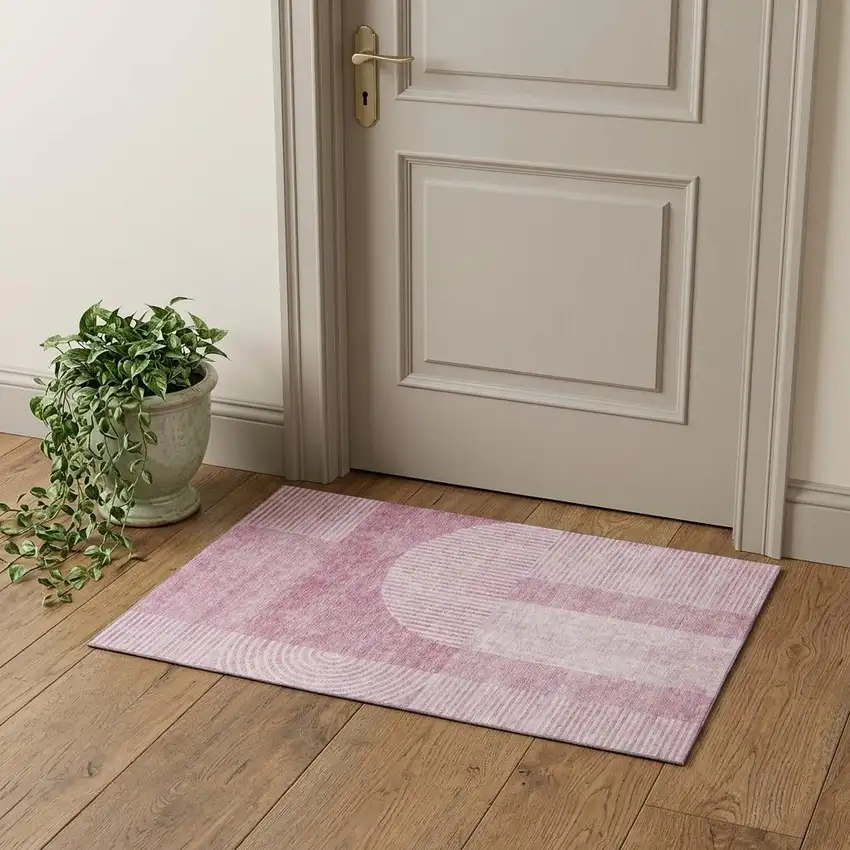 Blush And Ivory Geometric Washable Area Rug With UV Protection Photo 1