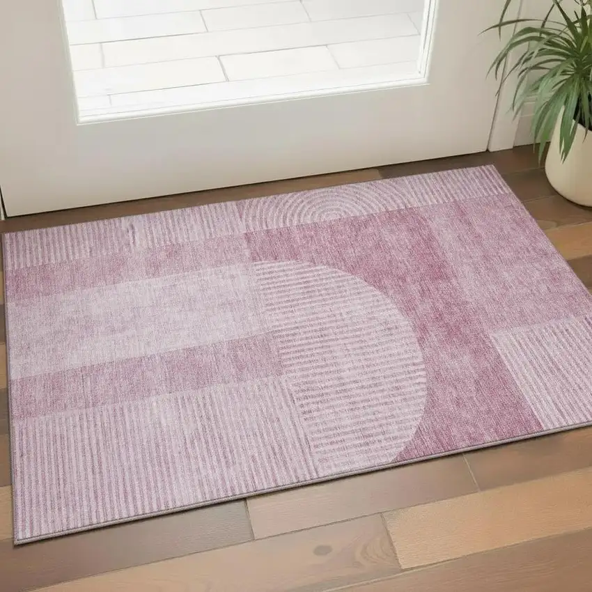 Blush And Ivory Geometric Washable Area Rug With UV Protection Photo 1