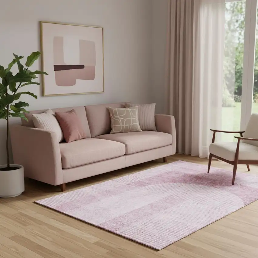 Blush And Ivory Geometric Washable Area Rug With UV Protection Photo 1