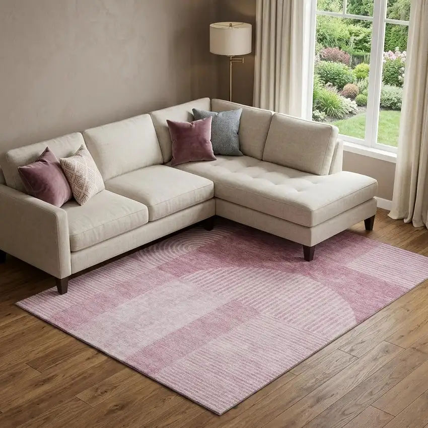 Blush And Ivory Geometric Washable Area Rug With UV Protection Photo 1