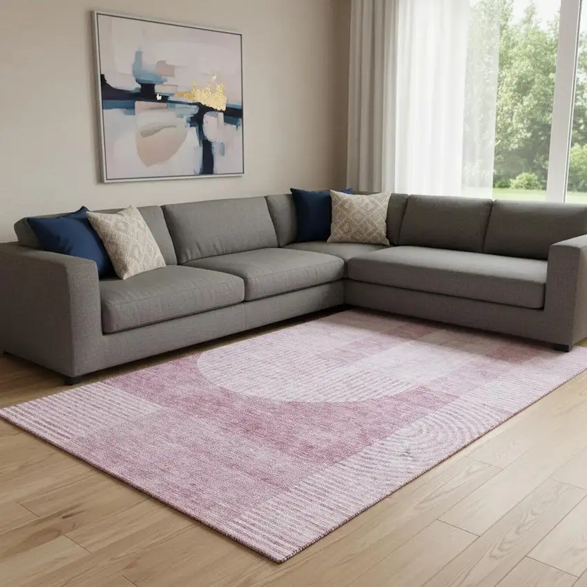 Blush And Ivory Geometric Washable Area Rug With UV Protection Photo 1