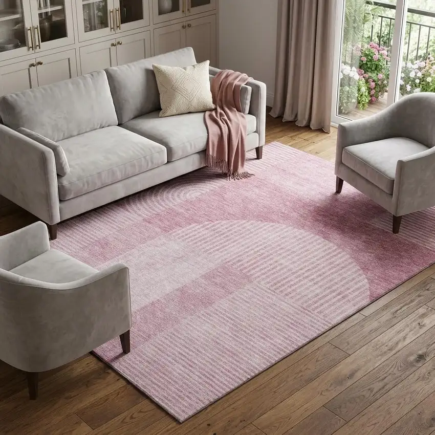 Blush And Ivory Geometric Washable Area Rug With UV Protection Photo 1