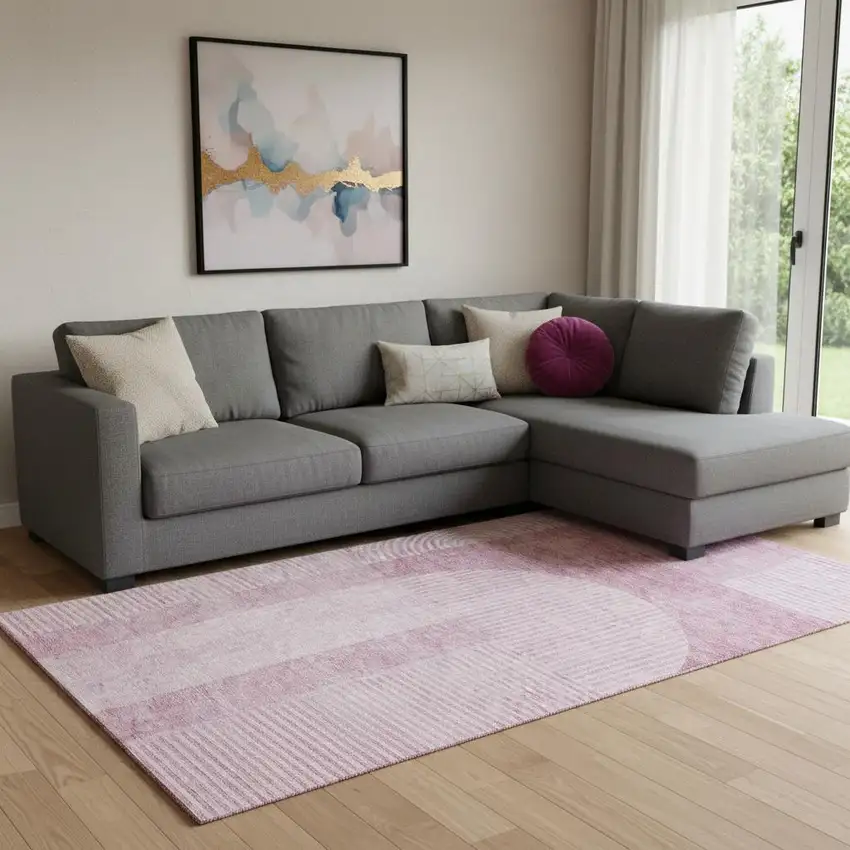 Blush And Ivory Geometric Washable Area Rug With UV Protection Photo 1