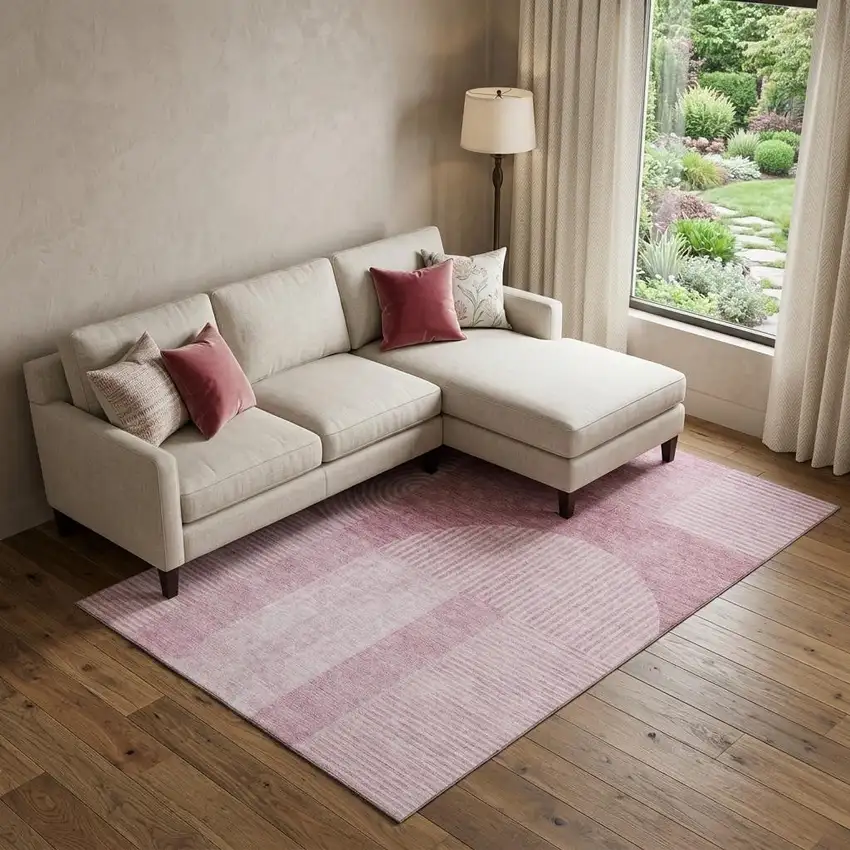 Blush And Ivory Geometric Washable Area Rug With UV Protection Photo 1
