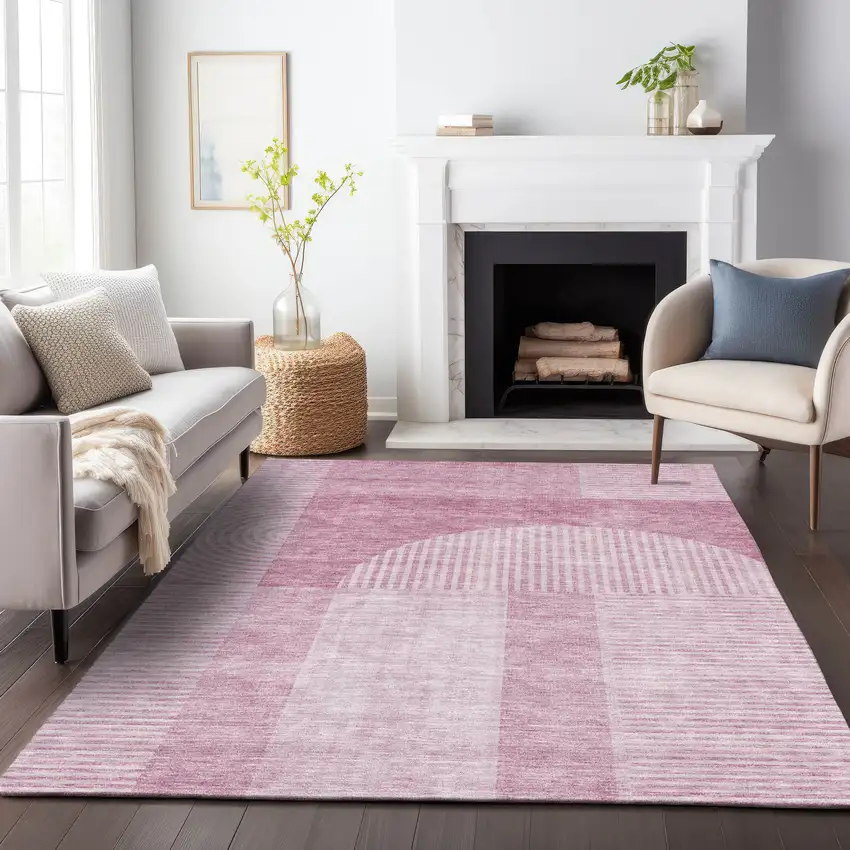 Blush And Ivory Geometric Washable Area Rug With UV Protection Photo 7
