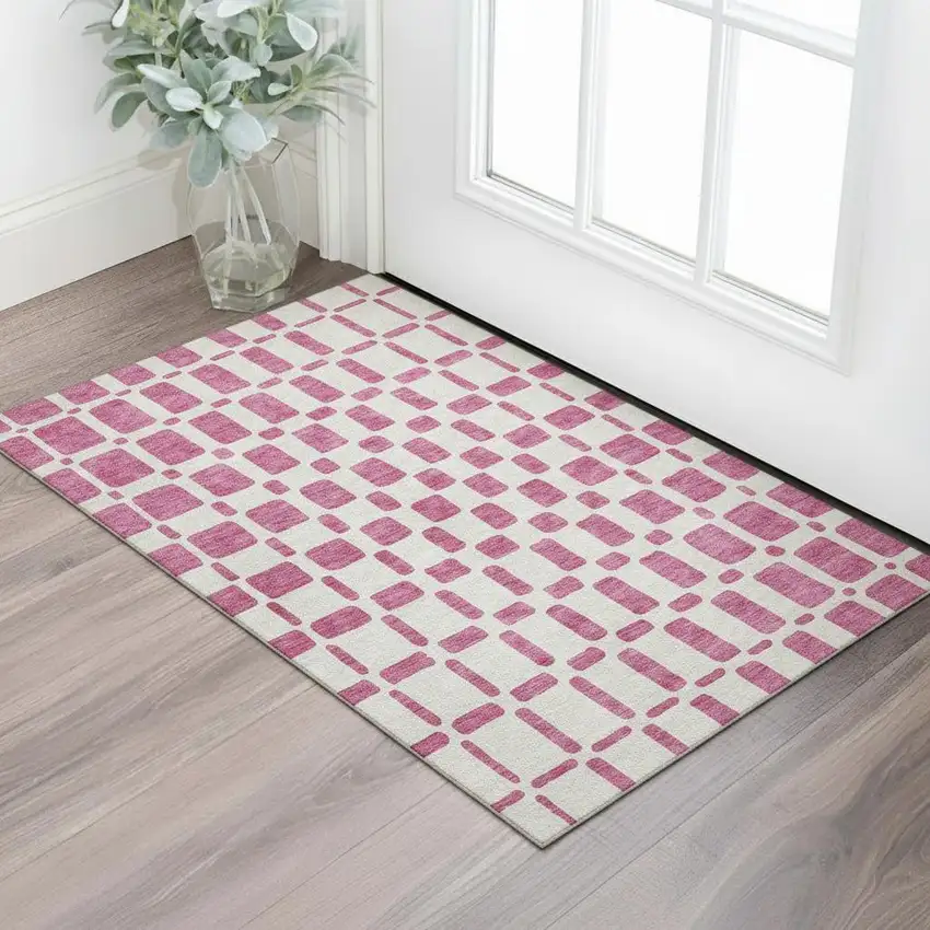 Blush And Ivory Geometric Washable Area Rug With UV Protection Photo 1