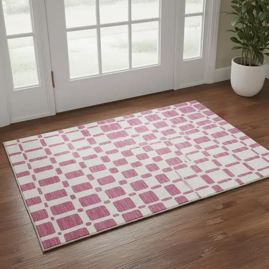 Blush And Ivory Geometric Washable Area Rug With UV Protection Photo 2