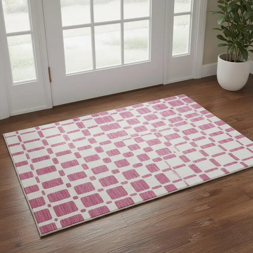 Blush And Ivory Geometric Washable Area Rug With UV Protection Photo 2