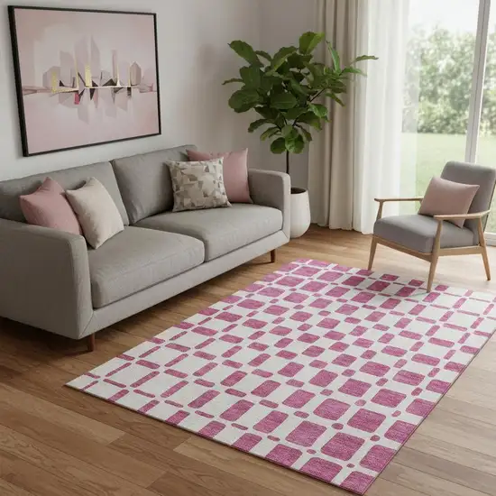 Blush And Ivory Geometric Washable Area Rug With UV Protection Photo 1