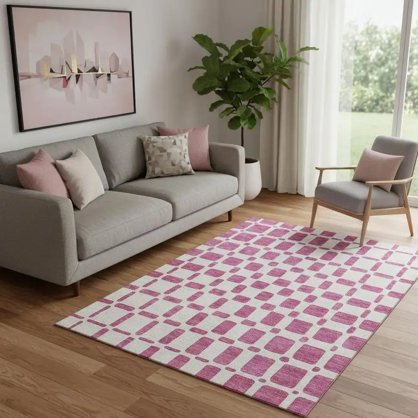Blush And Ivory Geometric Washable Area Rug With UV Protection Photo 1