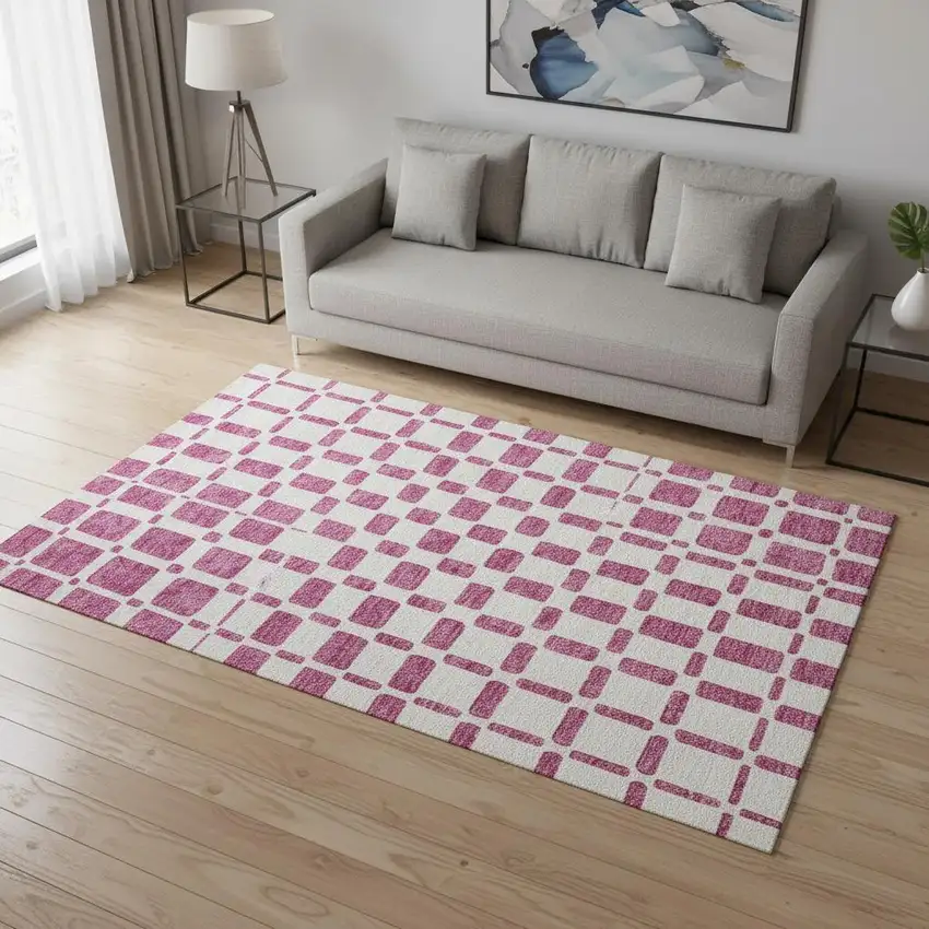 Blush And Ivory Geometric Washable Area Rug With UV Protection Photo 2
