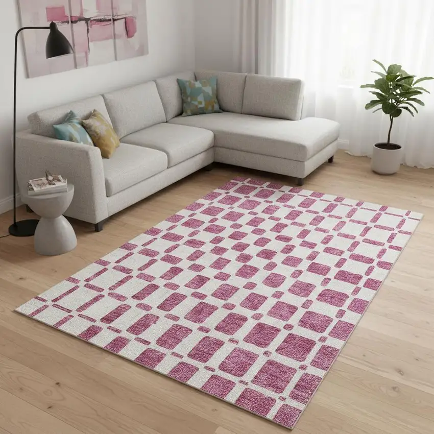 Blush And Ivory Geometric Washable Area Rug With UV Protection Photo 2