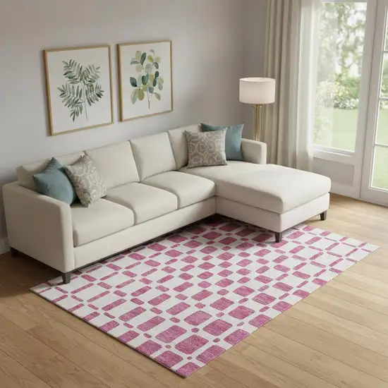 Blush And Ivory Geometric Washable Area Rug With UV Protection Photo 1