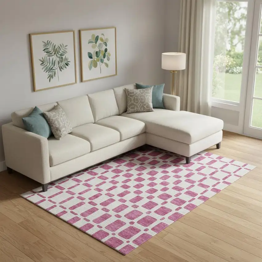 Blush And Ivory Geometric Washable Area Rug With UV Protection Photo 1