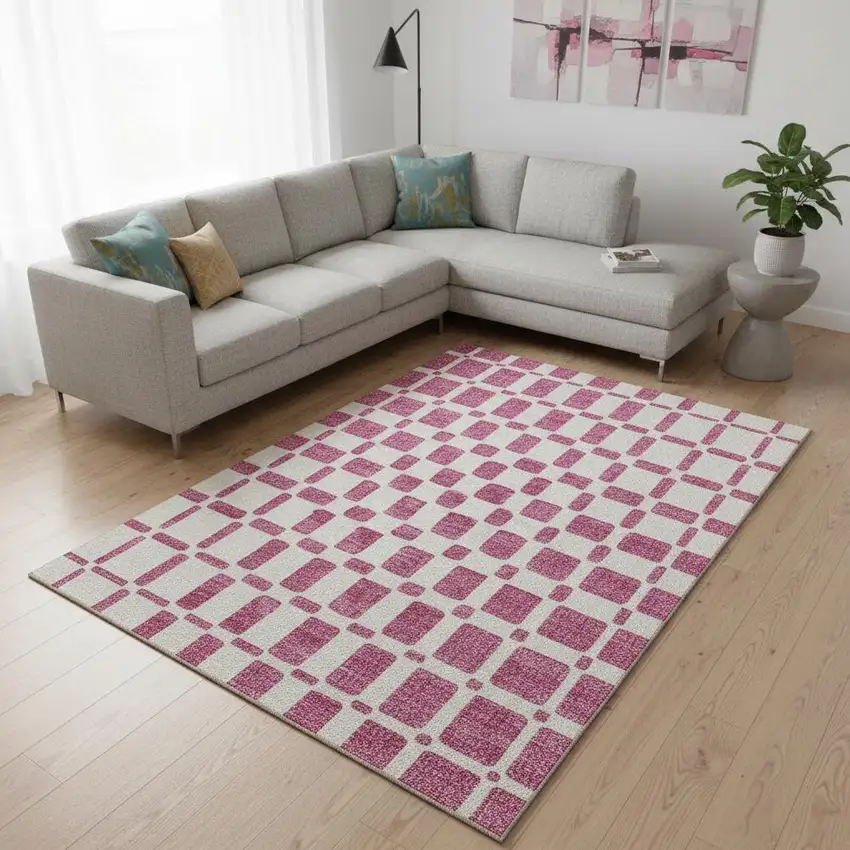 Blush And Ivory Geometric Washable Area Rug With UV Protection Photo 2
